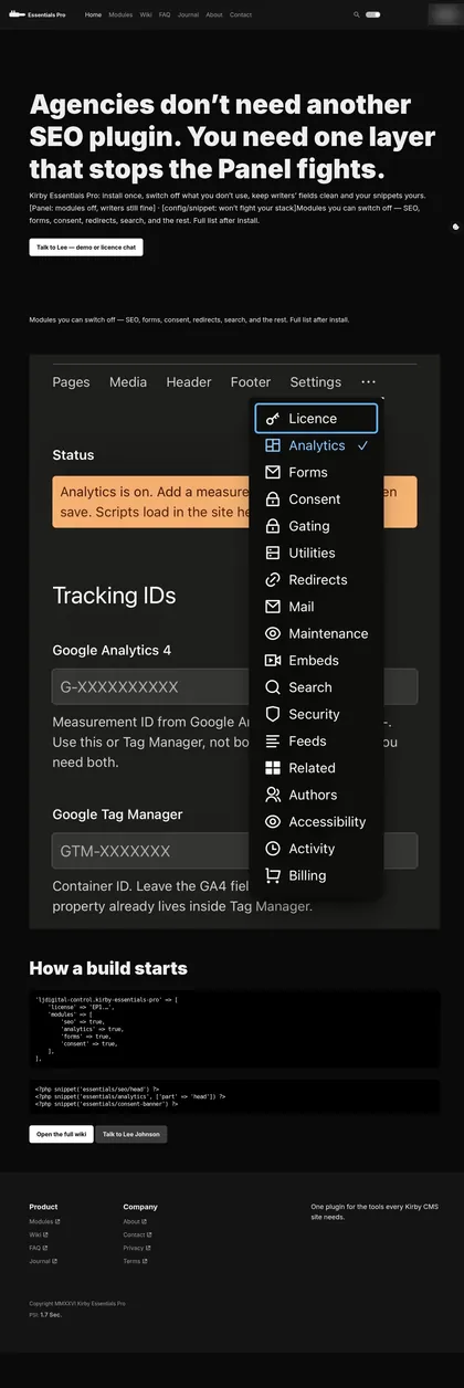 The full Essentials Pro landing page: the headline, the Panel with the module menu open showing every module, Google Analytics 4 and Tag Manager fields, and a How a build starts section with the config and snippets.