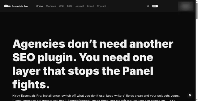 The Essentials Pro landing page in dark mode, headed: Agencies don't need another SEO plugin. You need one layer that stops the Panel fights.