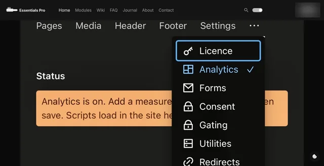The Kirby Panel with the Essentials Pro menu open, listing Licence, Analytics, Forms, Consent, Gating, Utilities and Redirects, and an Analytics status note.