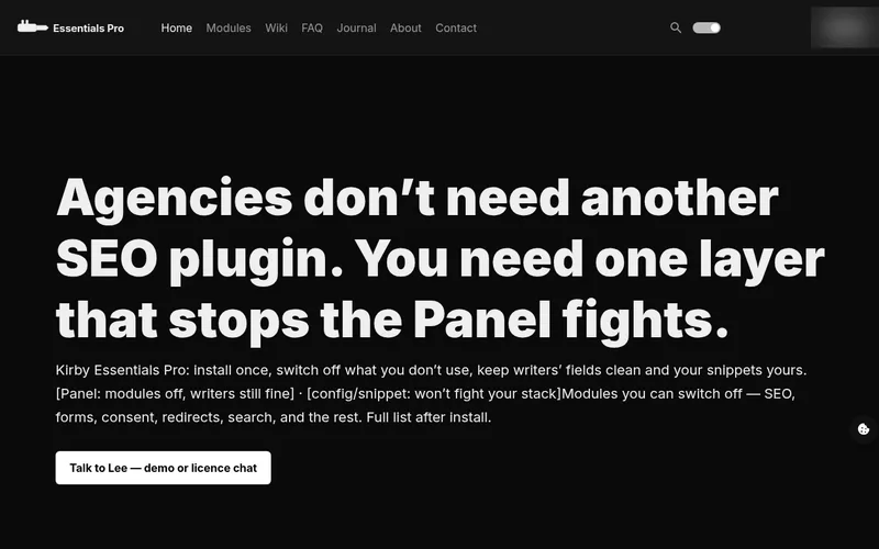 The Kirby Essentials Pro landing page: Agencies don't need another SEO plugin. You need one layer that stops the Panel fights.